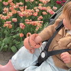 child reaching into a snack cup that is attached to a stroller with tulips in the background