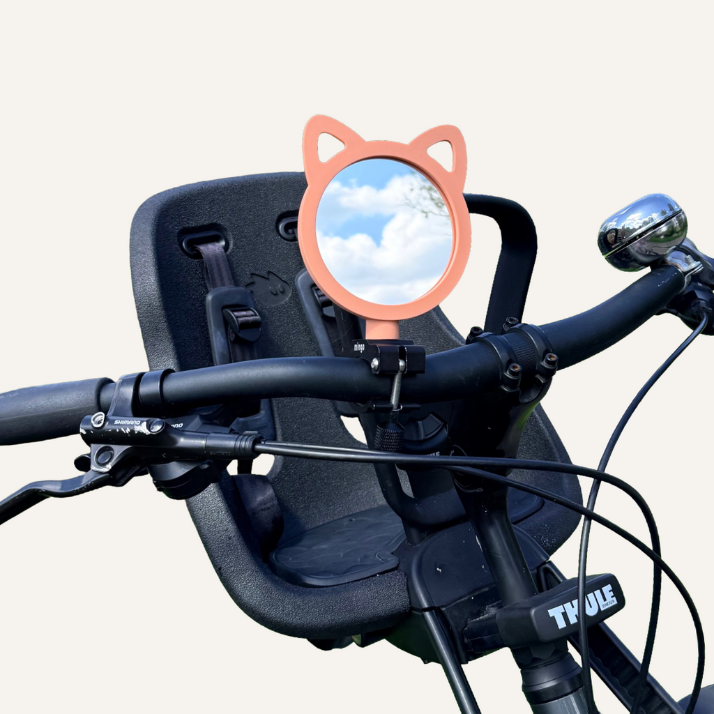 pink cat mirror mounted to a bicycle