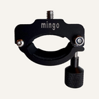 Black metal bike mount with 'mingo' branding on a white background